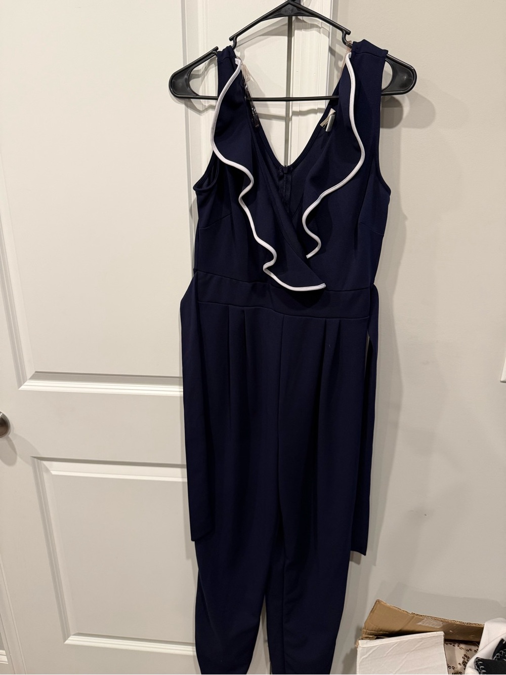 Wrapper Navy One-Shoulder Jumpsuit with White Ruffle Trim